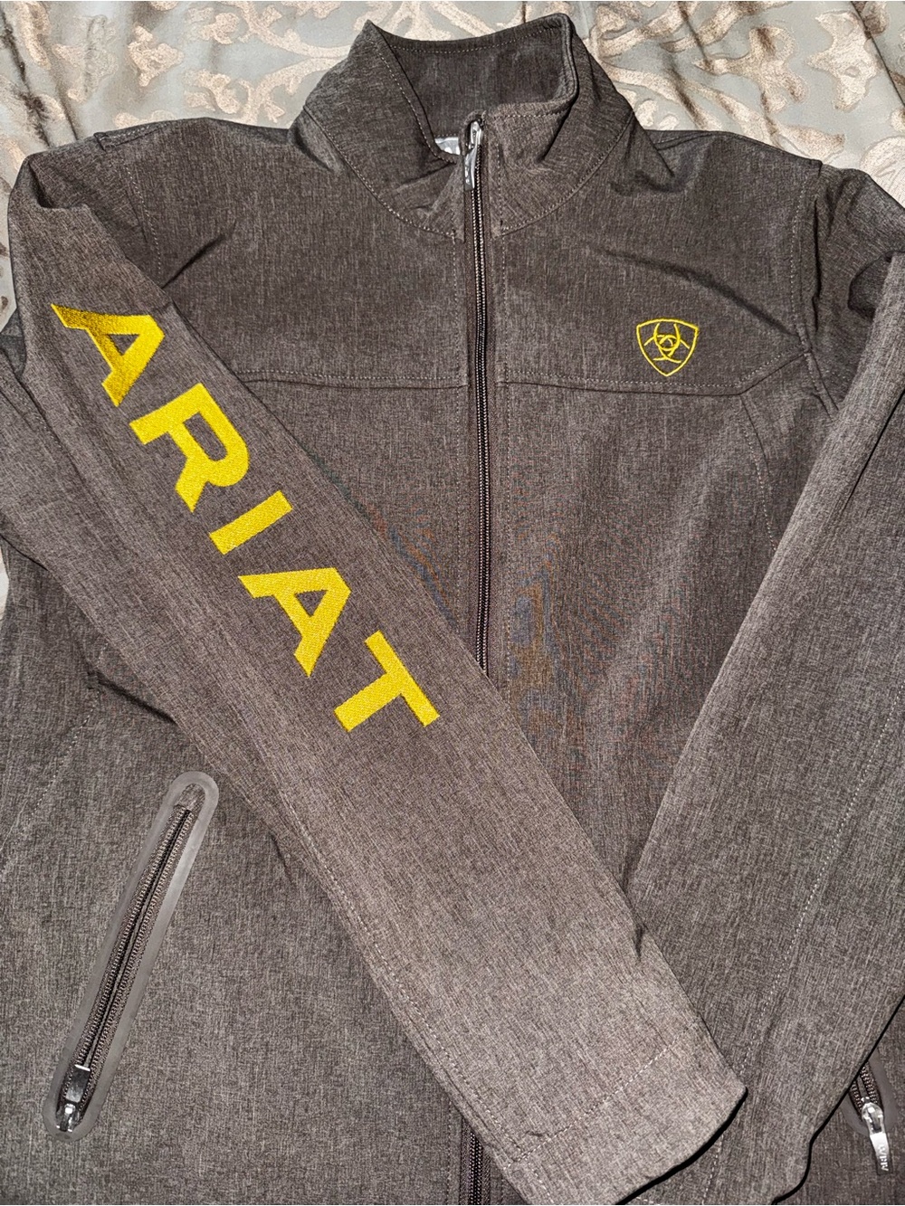 Ariat Gray Jacket with Yellow Sleeve Logo